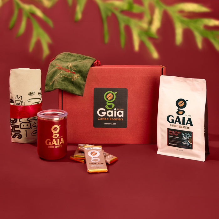 Holiday gift box with Gaia Coffee products, including festive coffee blend and treats for coffee lovers.