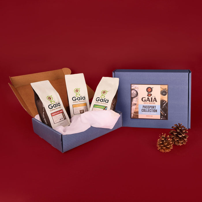 Gaia Coffee Passport Collection featuring three single-origin coffee bags in stylish gift box.