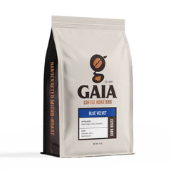 Blue Velvet Coffee blend package by Gaia Coffee Roasters, showcasing dark roast with tasting notes.