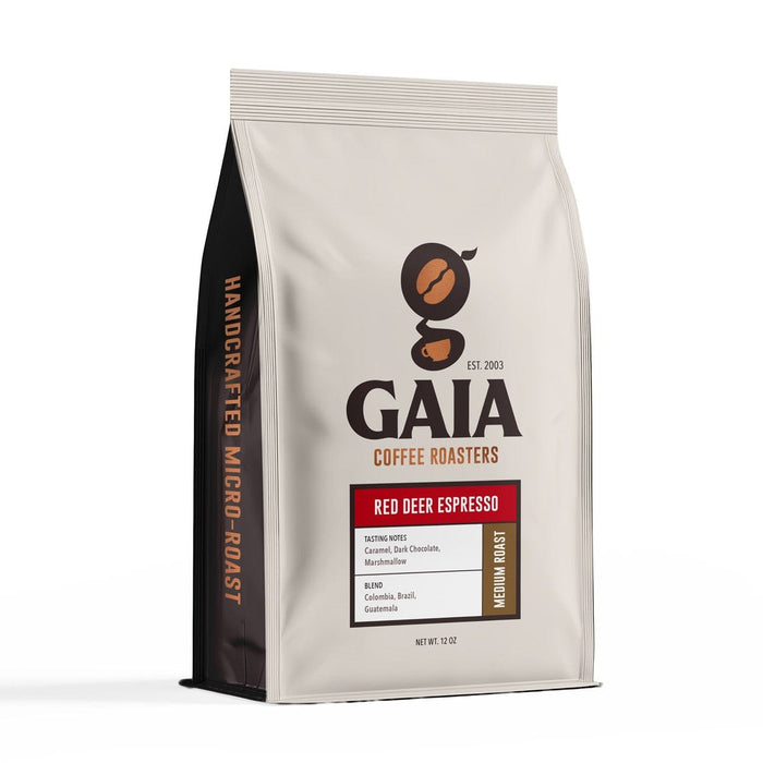 Red Deer espresso coffee package from Gaia Coffee Roasters showcasing medium roast blend with tasting notes of caramel and chocolate.