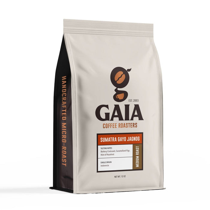 Sumatra Gayo Jagong coffee bag from Gaia Coffee Roasters showcasing medium roast and single origin details.