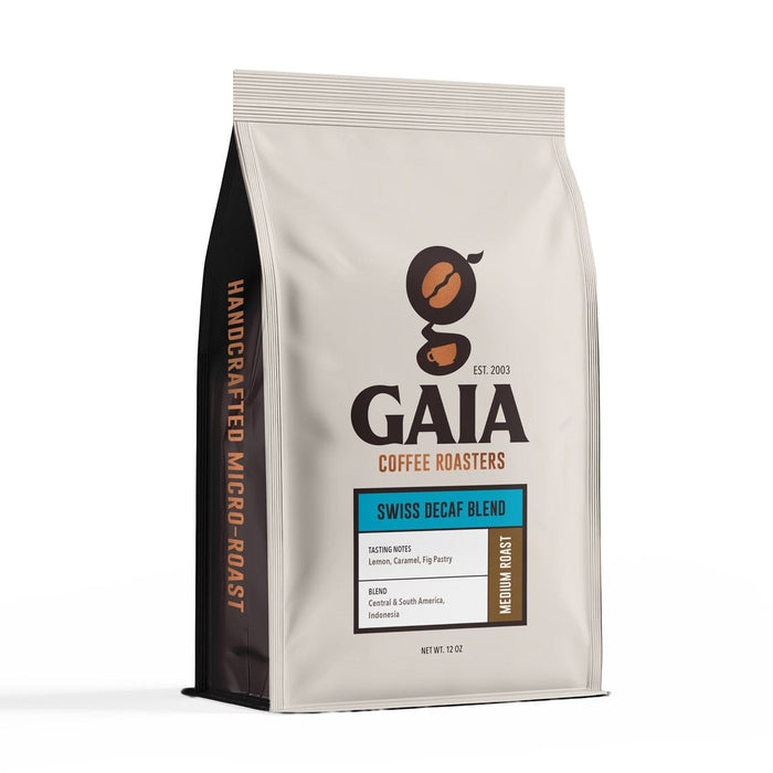 Gaia Coffee Swiss Decaf Blend bag featuring medium roast and tasting notes of lemon, caramel, and fig pastry.