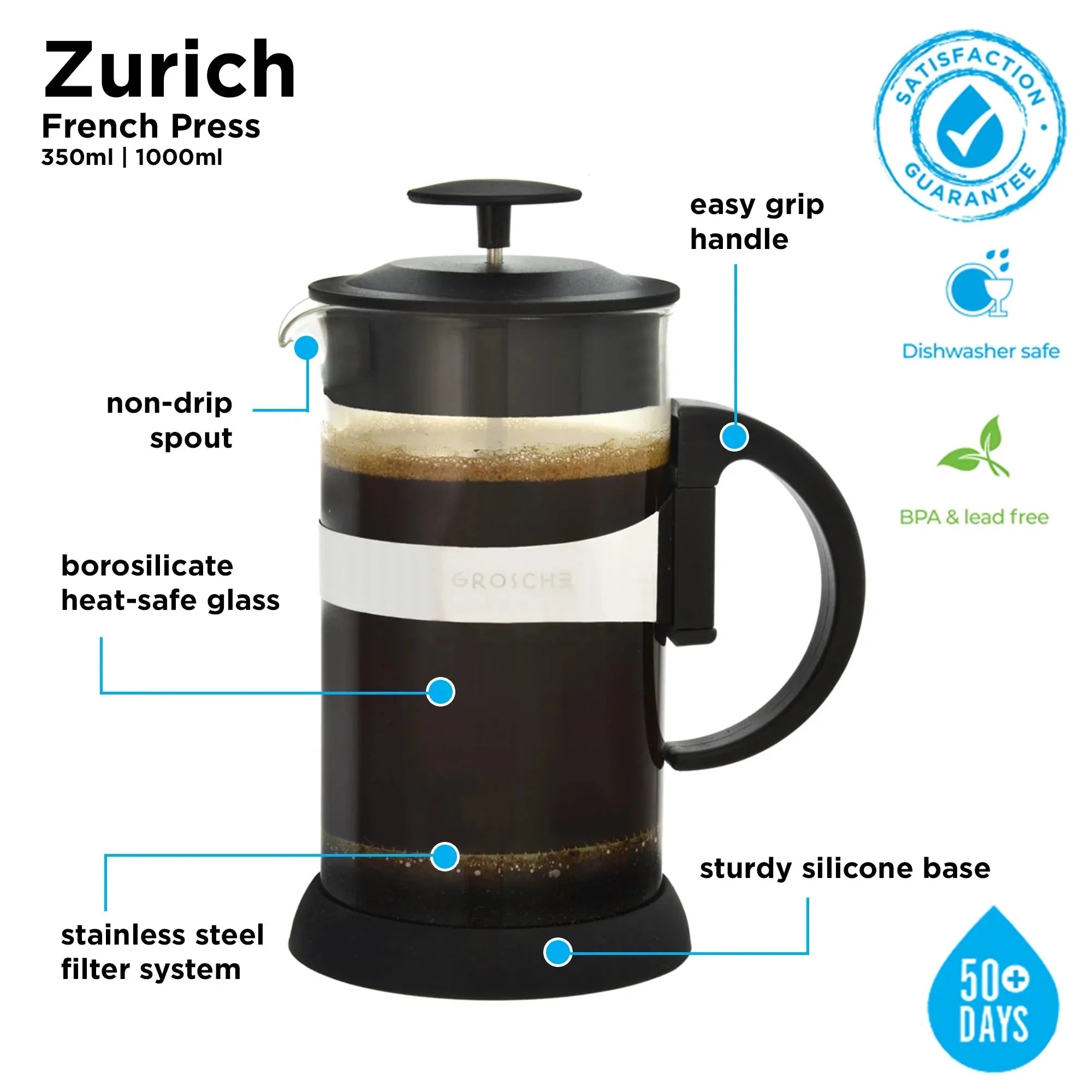 GROSCHE ZURICH Black French Press, 1000 ml (6939206778922)