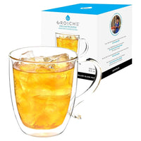 Grosche CYPRUS double wall glass coffee mug with iced tea, 16oz, beside packaging.