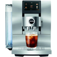 Jura Z10 coffee machine with iced coffee, stainless steel design and touch screen interface.